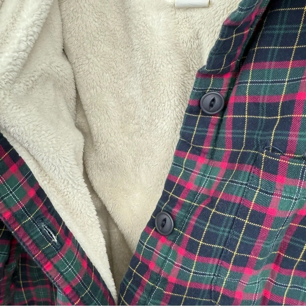 LL Bean Shirt Jacket Womens Size M Fleece Lined Flannel Plaid Button Up Blue Red - Picture 6 of 10